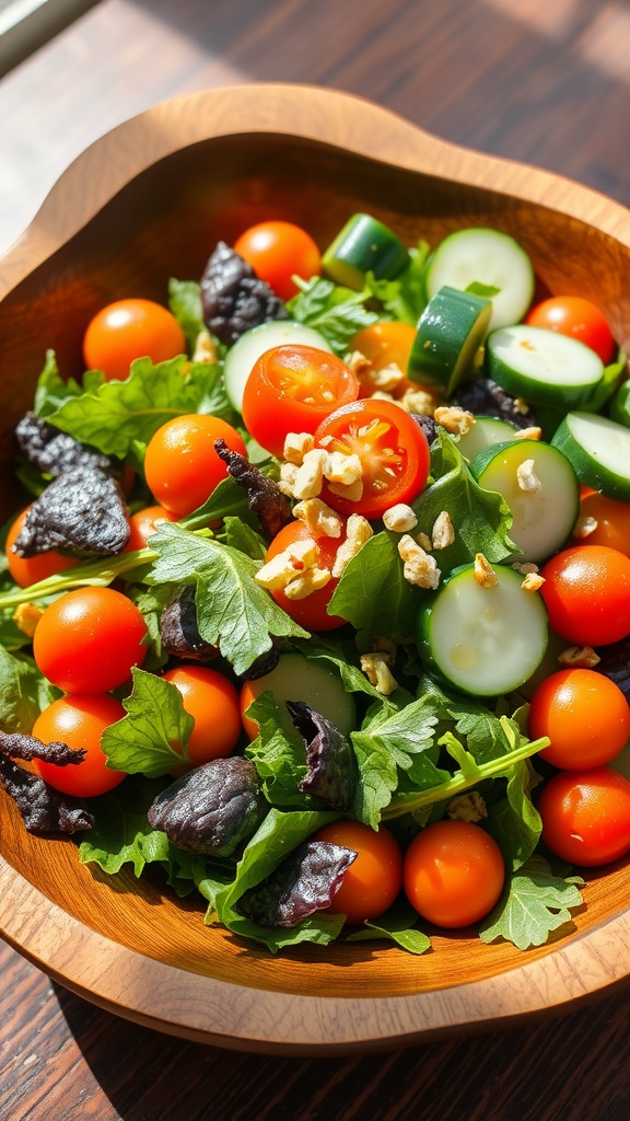 Elegant Salad Presentation Ideas A vibrant salad with mixed greens, cherry tomatoes, cucumbers, and nuts served in a wooden bowl.